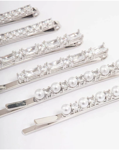 Lovisa - Silver Plated Cubic Zirconia Mixed Stone & Pearl Hair Clips 6-Pack