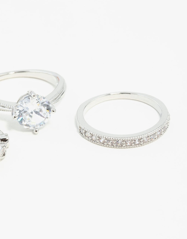 Lovisa - Silver Round Stone Cubic Zirconia Triple Ring Stack