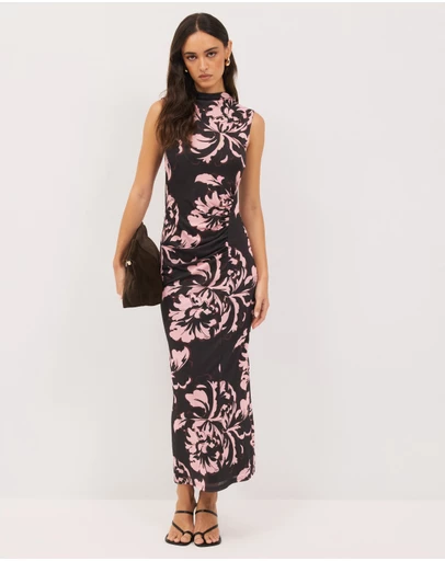 Calli - Luca Gathered Mesh Floral Midi Dress