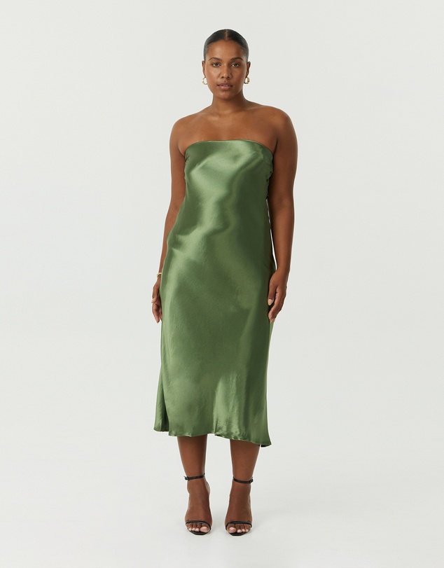 Third Form - Satin Tie Back Strapless Midi Dress