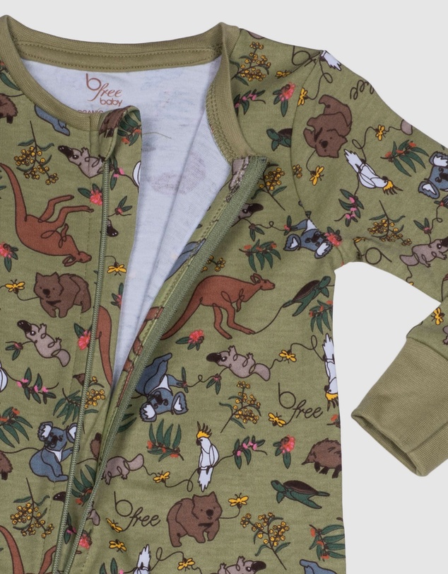 B Free Intimate Apparel - 100% Organic 2-Way Zip Sleepsuit - Baby & Toddler Khaki Native Aussie Animals