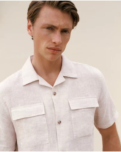 Trenery - Linen Pocket Detail Short Sleeve Shirt in Flax