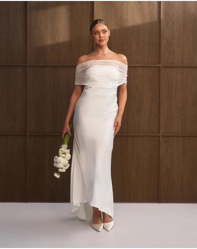 Six Stories - Bardot Detail Pearl Satin Midaxi Dress
