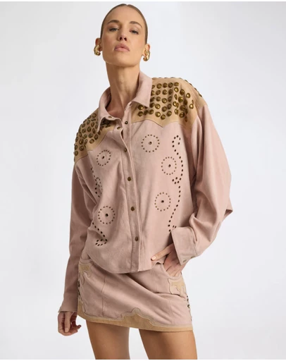 ONE TEASPOON - Rodeo Renegade Studded Embroidered Crop Suede Jack - Dusty Pink