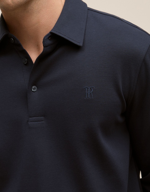 Trenery - Micro Pique Monogram Long Sleeve Polo in Navy