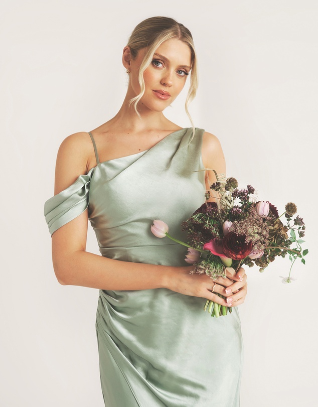Six Stories - Asymmetrical Bardot Strap Satin Bridesmaid Dress
