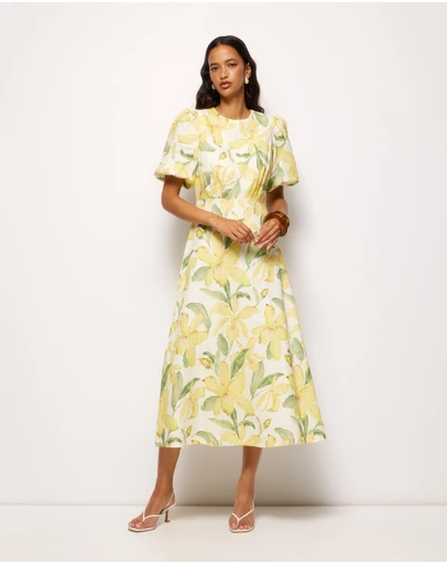 AERE - Clea Linen Puff Sleeve Midi Dress