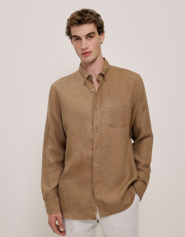 Trenery - Regular Fit Delave Linen Shirt in Amaretto