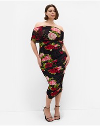 City Chic - Plus Size Dana Mesh Rose Print Dress - black