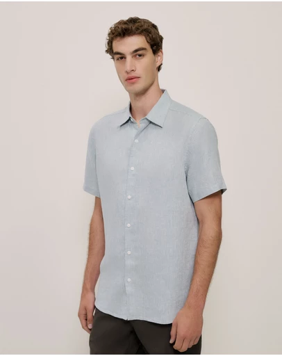 Trenery - Yarn Dyed Linen Short Sleeve Shirt in Sage Green