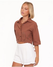 Petal & Pup - Williams Cropped Eyelet Button Up Shirt - Brown