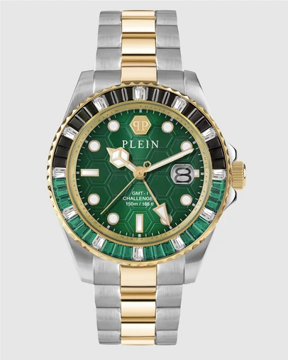 Philipp Plein - Gmt-I Challenger Two-Tone 44mm Green Dial with Baguettes-cut Crystals