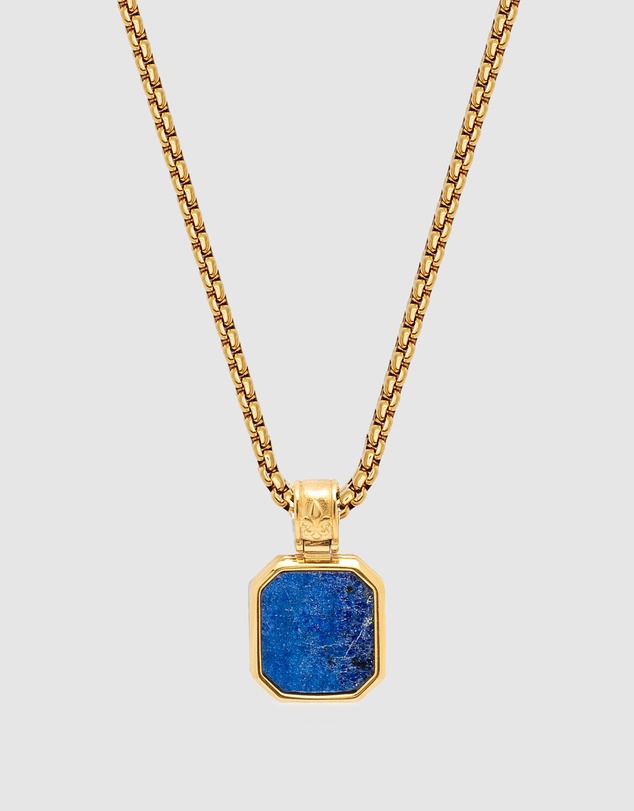 Nialaya Jewellery - Men's Gold Necklace with Square Blue Lapis Pendant