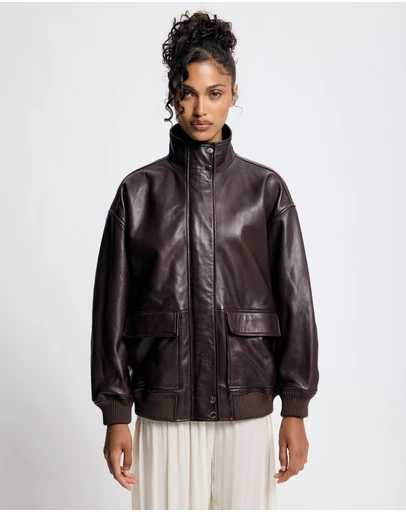 Lover - Byron Oversized 100% Leather Funnel Neck Bomber Jacket