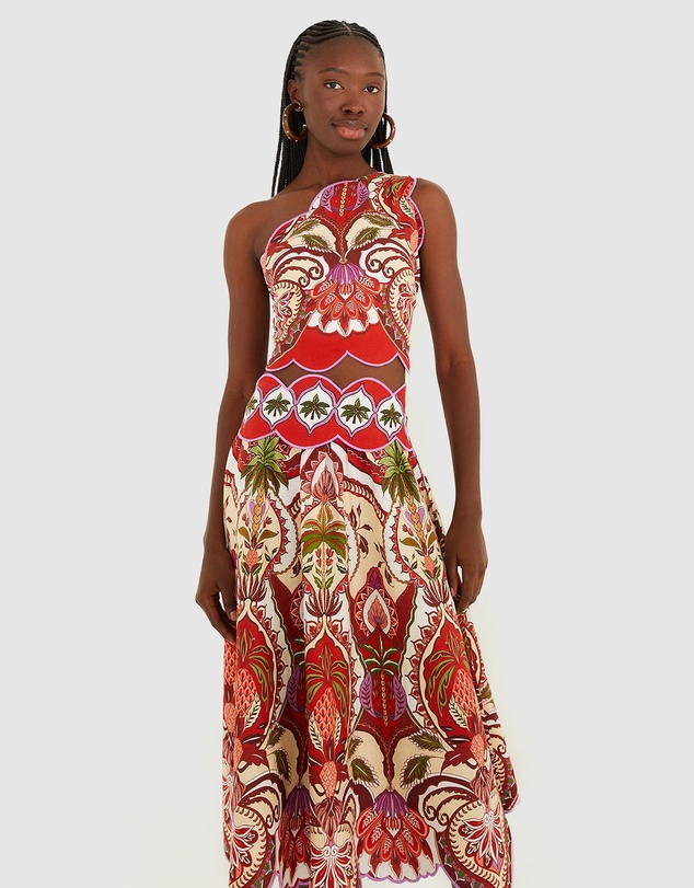 Farm Rio - Odara Red Scallops Midi Skirt