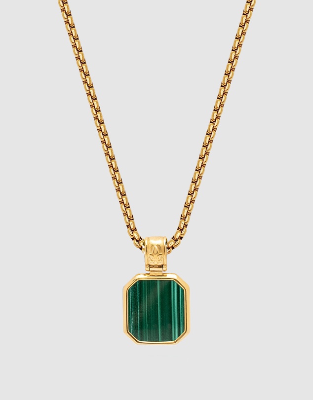 Nialaya Jewellery - Men's Gold Necklace with Square Malachite Pendant