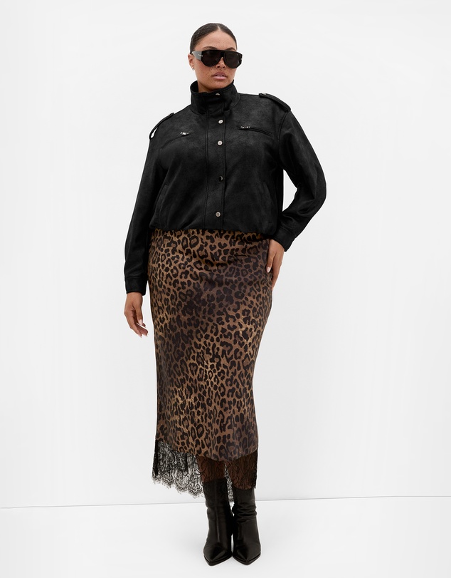 City Chic - Plus size Envious Leopard Print Lace Hem Skirt - chocolate