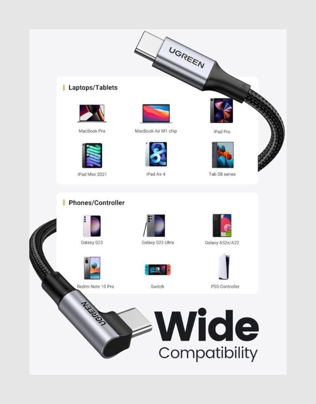 Ugreen - UGREEN 90 Degree Angle USB-C Male to USB-C Male 100W Braided Cable 1m