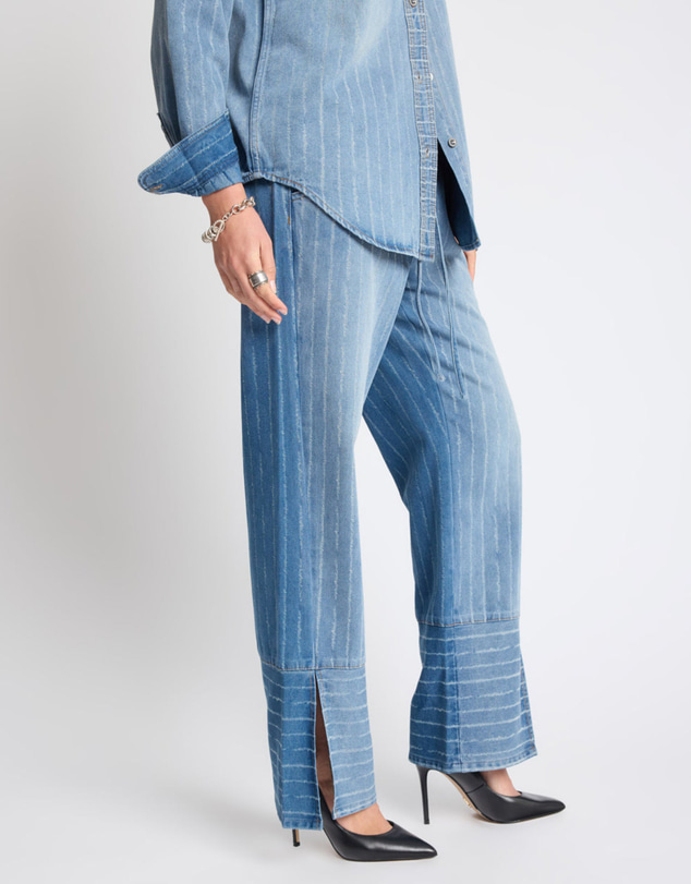 ONE TEASPOON - Roadhouse Mid Waist Wide Leg Drawstring Denim Jeans - Blue Stripe