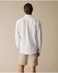 Trenery - Regular Fit Linen Stripe Shirt in Flax