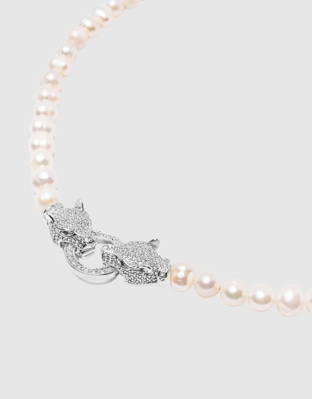 Nialaya Jewellery - Women's Pearl Choker with Silver Double Panther Head
