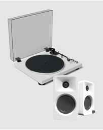 iWorld - Kanto OBI3 Turntable - Matte White with Kanto ORA 100W Powered Speakers - White Bundle