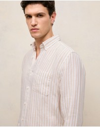 Trenery - Regular Fit Linen Bengal Stripe Shirt in Sand