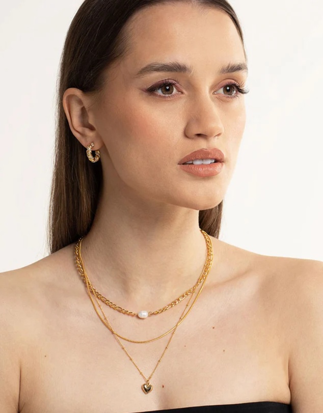 Lovisa - Waterproof Gold Plated Stainless Steel Heart & Freshwater Pearl Layered Necklace