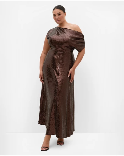 City Chic - Plus size Sequin Off Shoulder Maxi Dress - chocolate