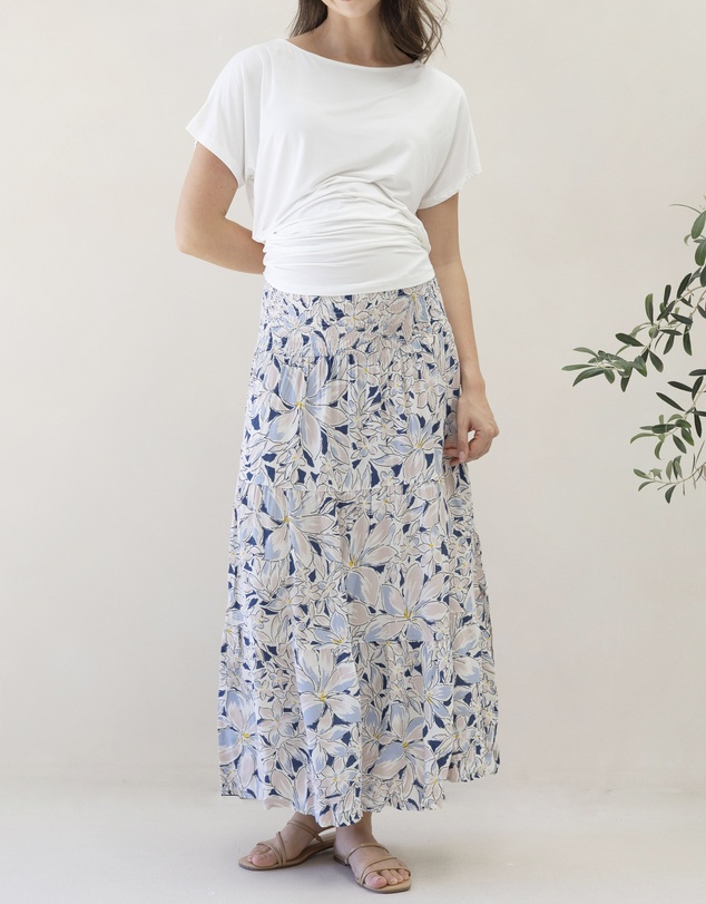 Angel Maternity - Maternity Shirred Maxi Skirt in Navy Floral Print
