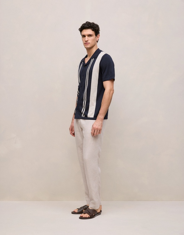 Trenery - Linen Cotton Stripe Intarsia Knit Shirt in Navy