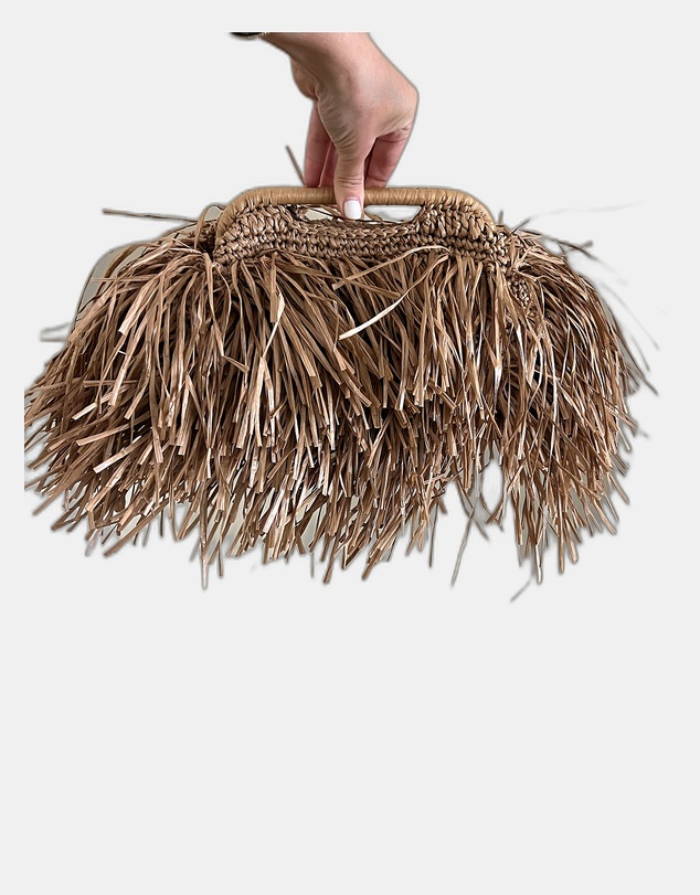 Izoa - Izoa Bridgett Tassel Clutch Tan Hand-Woven Crochet Fringe Bag with Handle