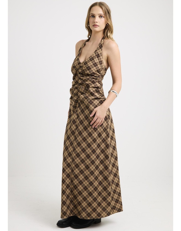 Insight - Kiera Ruched Check Halter Maxi Dress