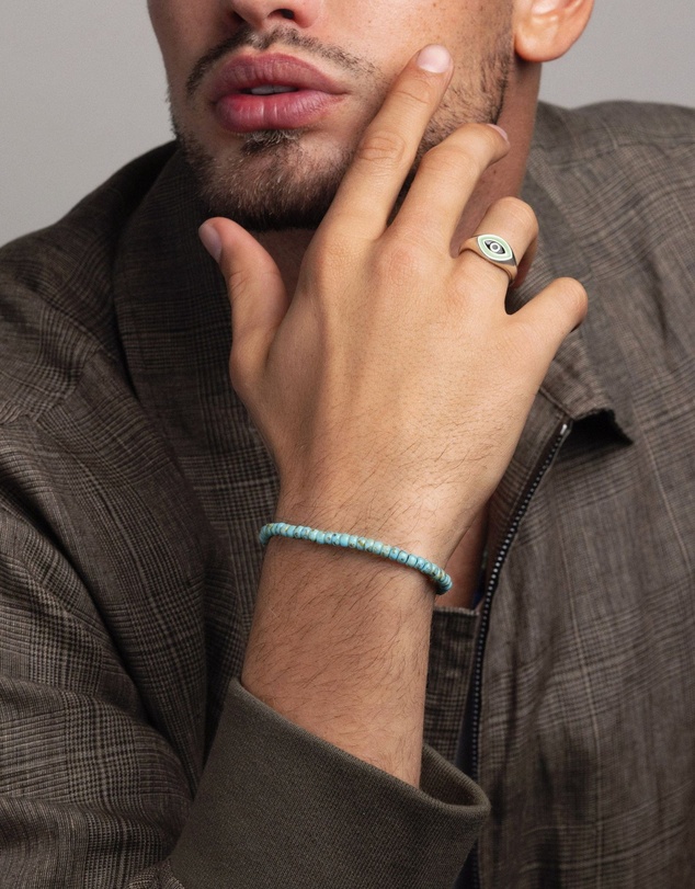 Nialaya Jewellery - Men's Miyuki Beaded Bracelet with Turquoise and Silver