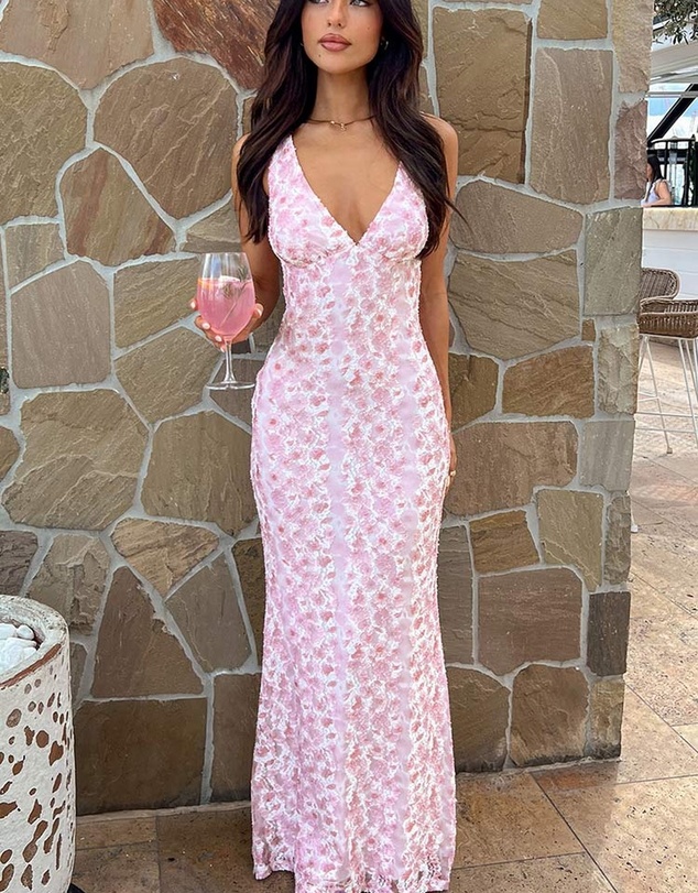 Beginning Boutique - Farida Pink Lace Maxi Dress