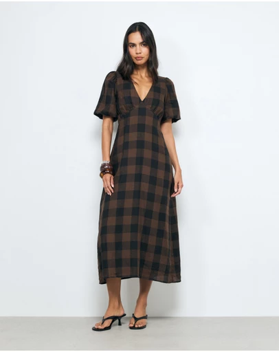 AERE - Inka Linen Gingham Puff Sleeve Midi Dress
