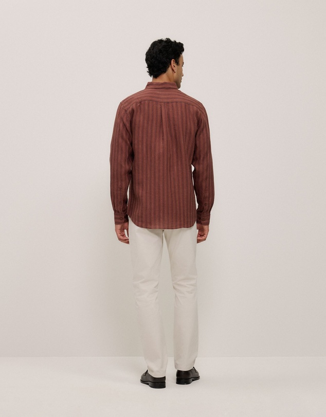 Trenery - Regular Fit Delave Linen Stripe Shirt in Redwood