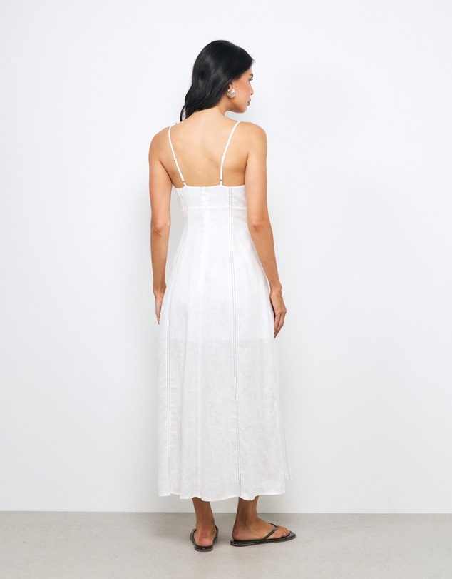 AERE - Maie Contrast Stitch V Neck Linen Midi Dress