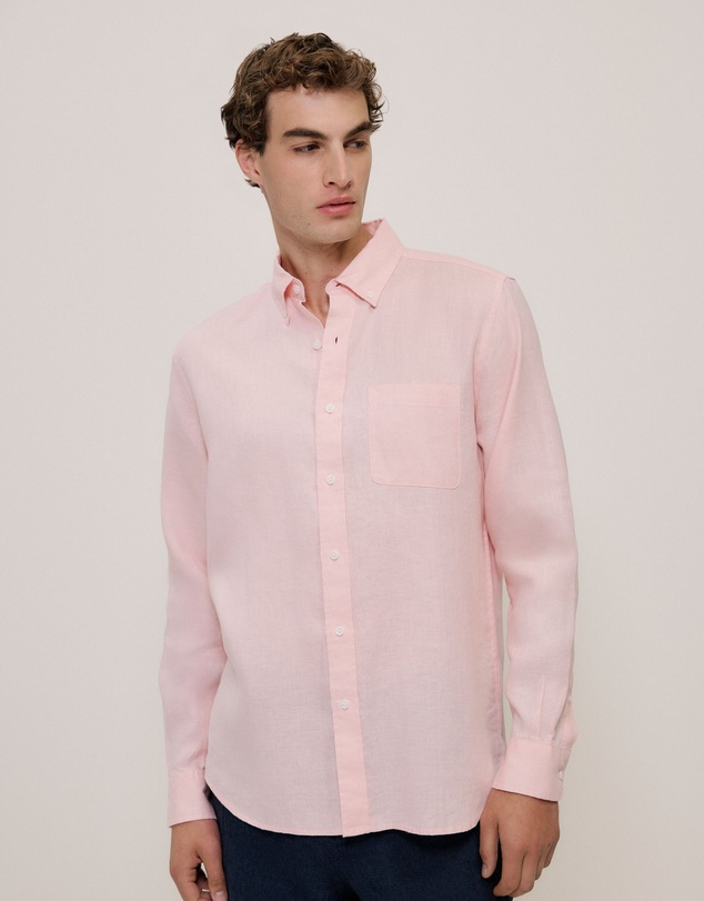 Trenery - Regular Fit Linen Classic Long Sleeve Shirt in Blossom Pink