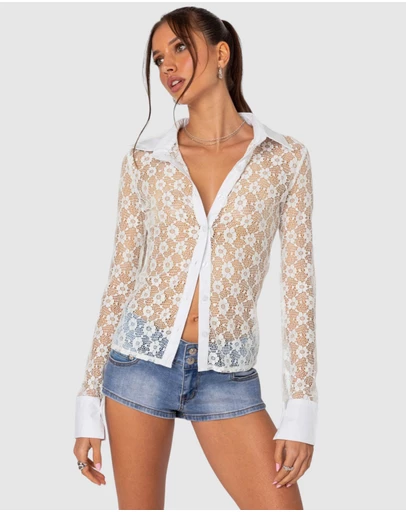 EDIKTED - Cecilia Sheer Lace Button Up Shirt