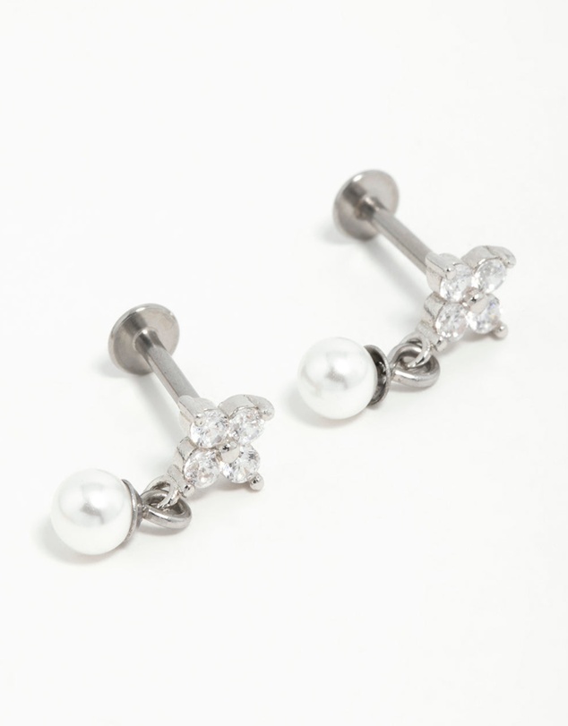Lovisa - Surgical Steel Pearl Cubic Zirconia Flower Flat Back Earrings