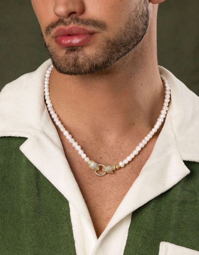 Nialaya Jewellery - Pearl Choker with Double Panther Head in Gold