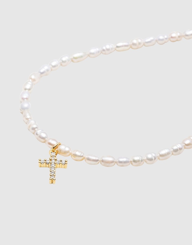 Nialaya Jewellery - Mini Pearl Choker with Cross