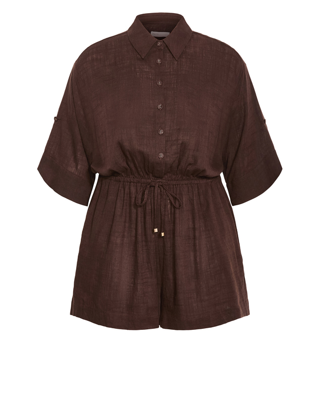 City Chic - Plus size Taranto Button Up Playsuit - chocolate
