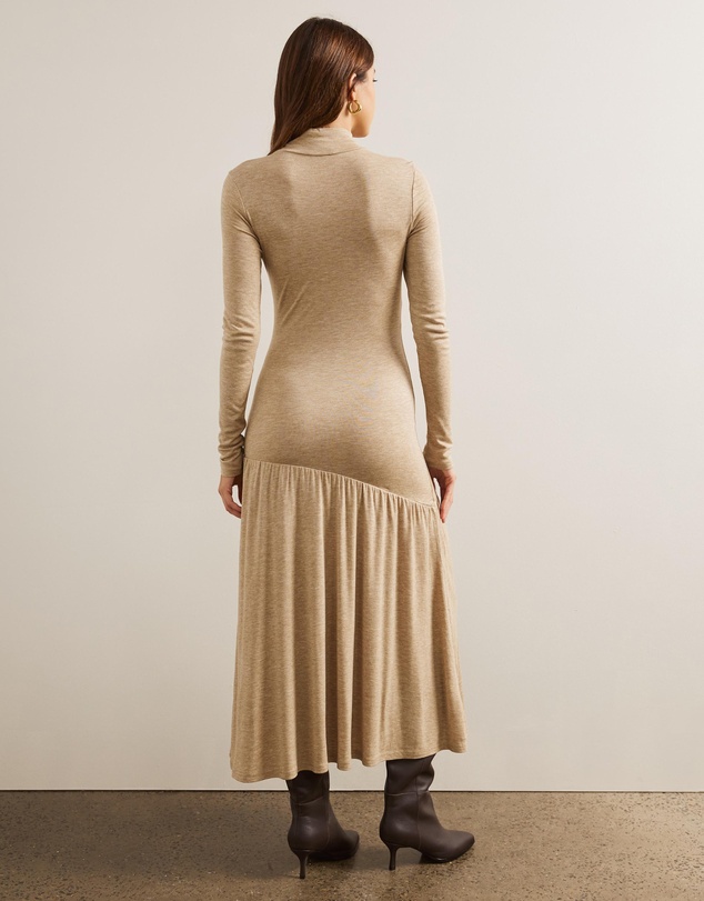 AERE - Soft Wool Blend Mock Neck Tiered Midi Dress