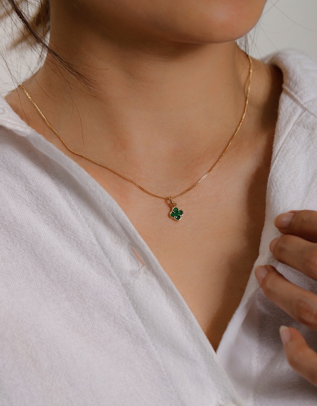 Elli Jewelry - Necklace Cloverleaf Enamel Green 925 Sterling Silver Gold Plated