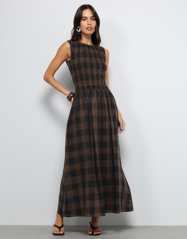 AERE - Inka Linen Gingham Shirred Maxi Dress