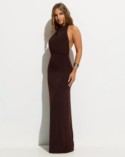 Dazie - Damson Halterneck Backless Maxi Jersey Dress