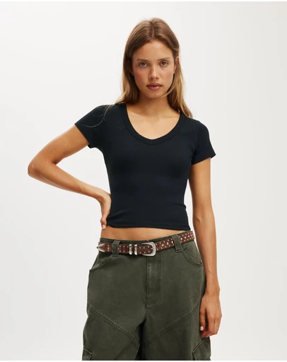 Cotton On - Goldie Rib V Neck Short Sleeve