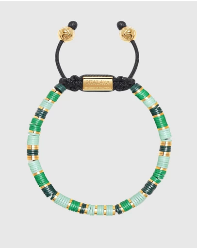 Nialaya Jewellery - Men's Beaded Bracelet with Green and Gold Disc Beads